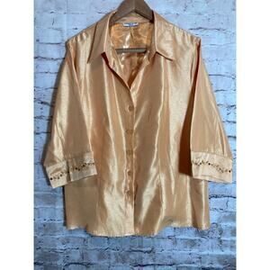 A Wild Thyme Top Womens 20 Pale Peach Satin Button Up Embroidered Trim Plus